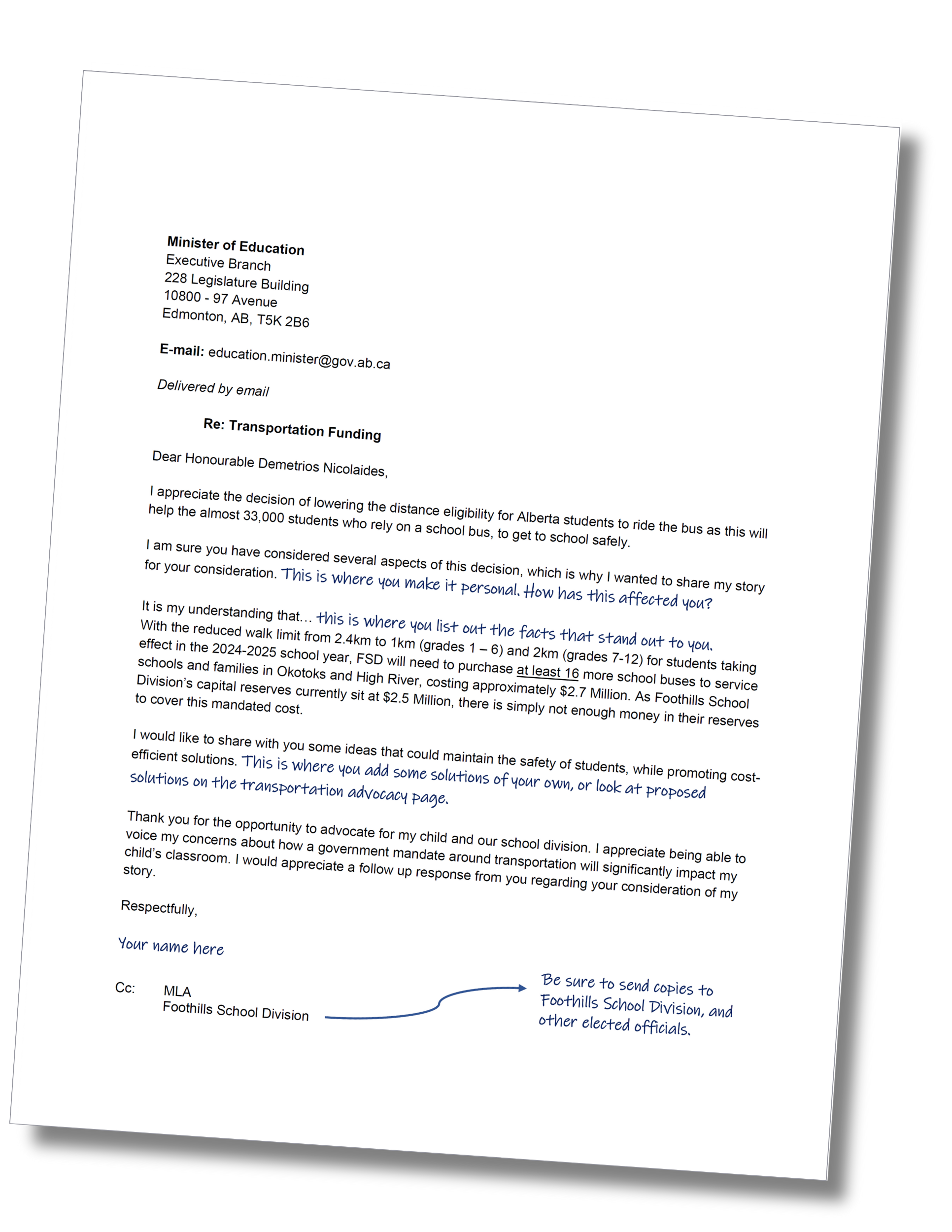 An image of a sample letter of advocacy addressed to the Minister of Education